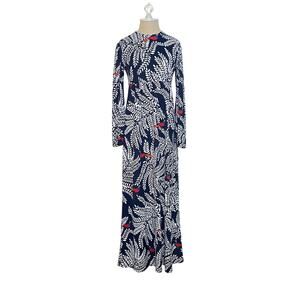 HANAE MORI for Vivid Vintage 1970s Ban-Lon Navy Blue Bird Leaf Print Dress Sz XS